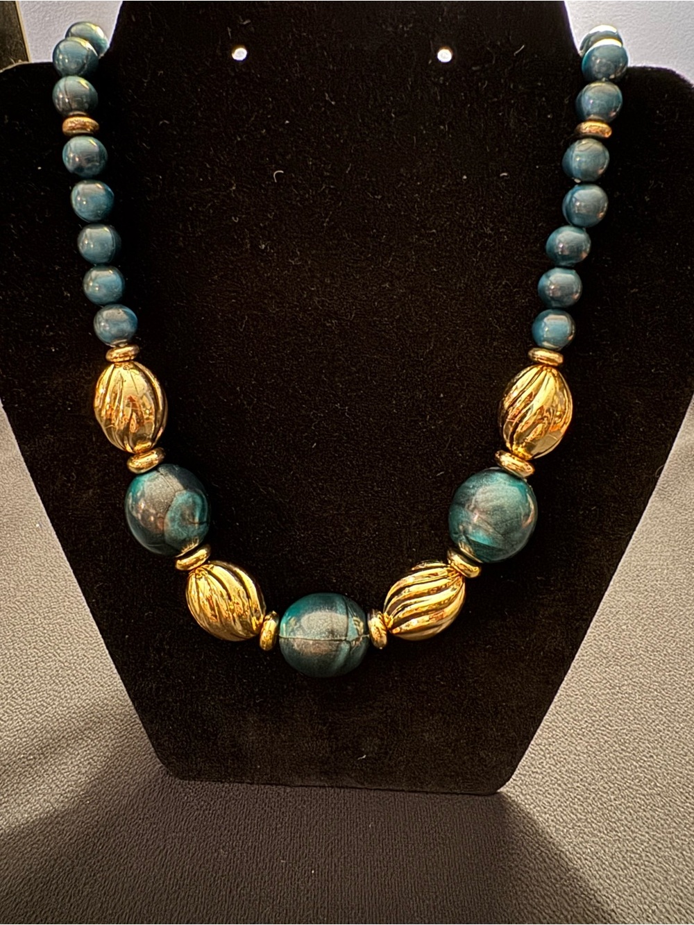 Vintage Peacock Blue Marbled Bead Necklace